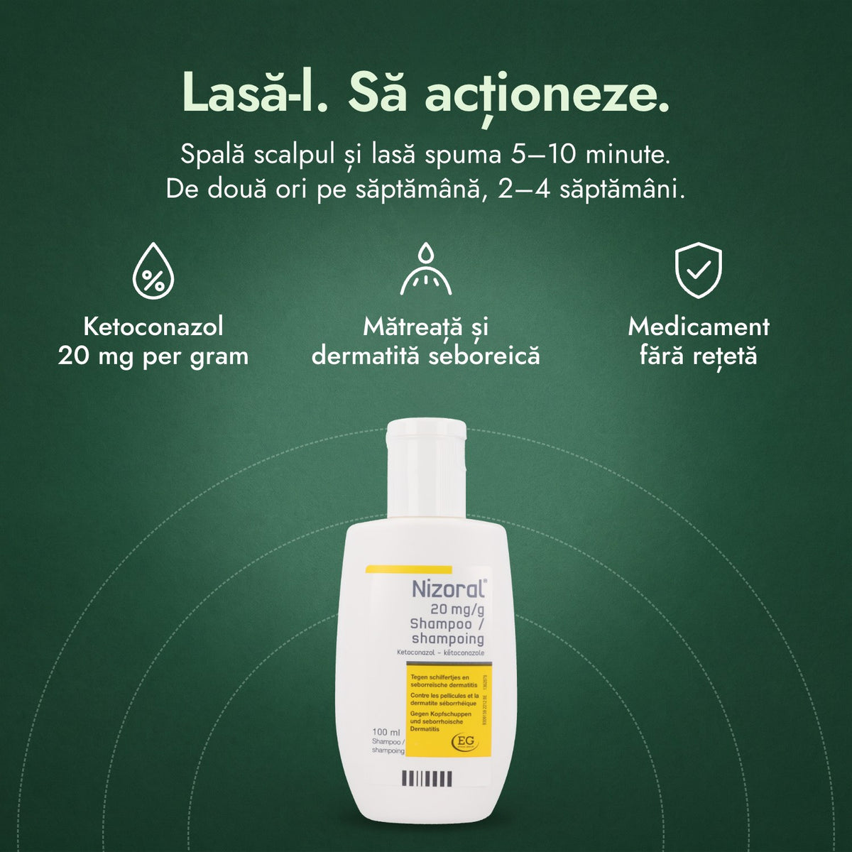 Nizoral 20 mg/g șampon: Lasă-l. Să acționeze. Ketoconazol 20 mg per gram, Mătreață și dermatită seboreică, Medicament fără rețetă