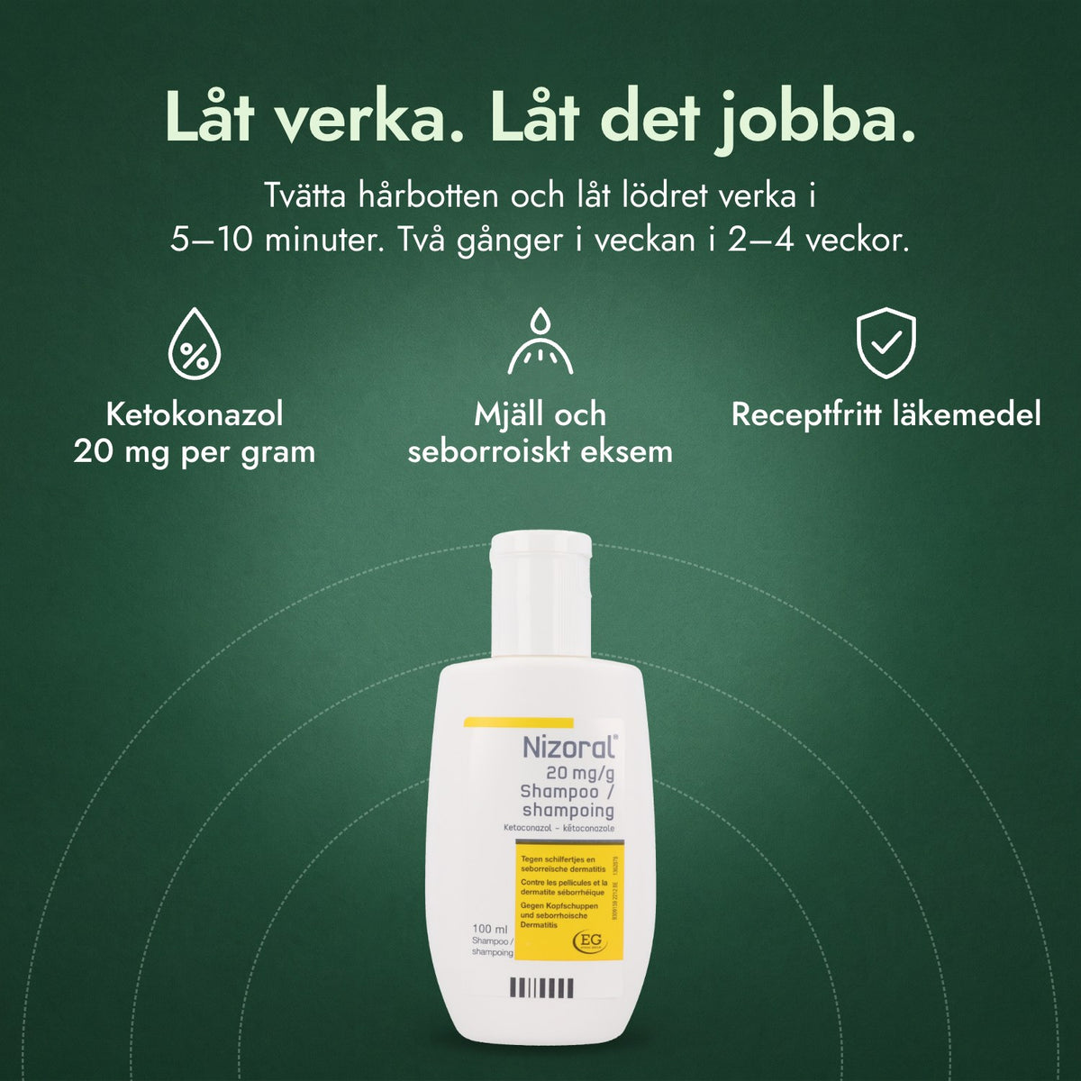 Nizoral 20 mg/g schampo: Låt verka. Låt det jobba. Ketokonazol 20 mg per gram, Mjäll och seborroiskt eksem, Receptfritt läkemedel