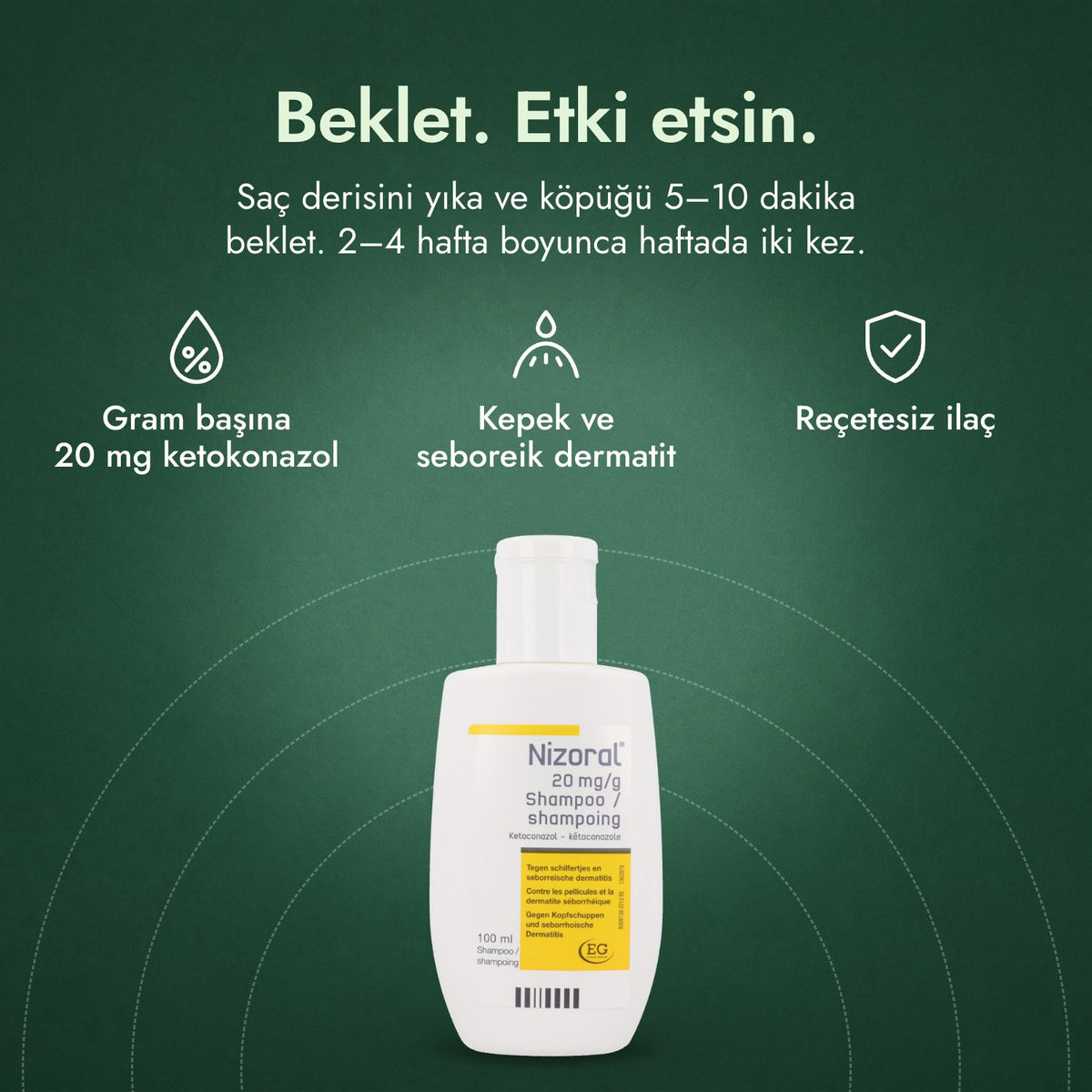 Nizoral 20 mg/g şampuan: Beklet. Etki etsin. Gram başına 20 mg ketokonazol, Kepek ve seboreik dermatit, Reçetesiz ilaç