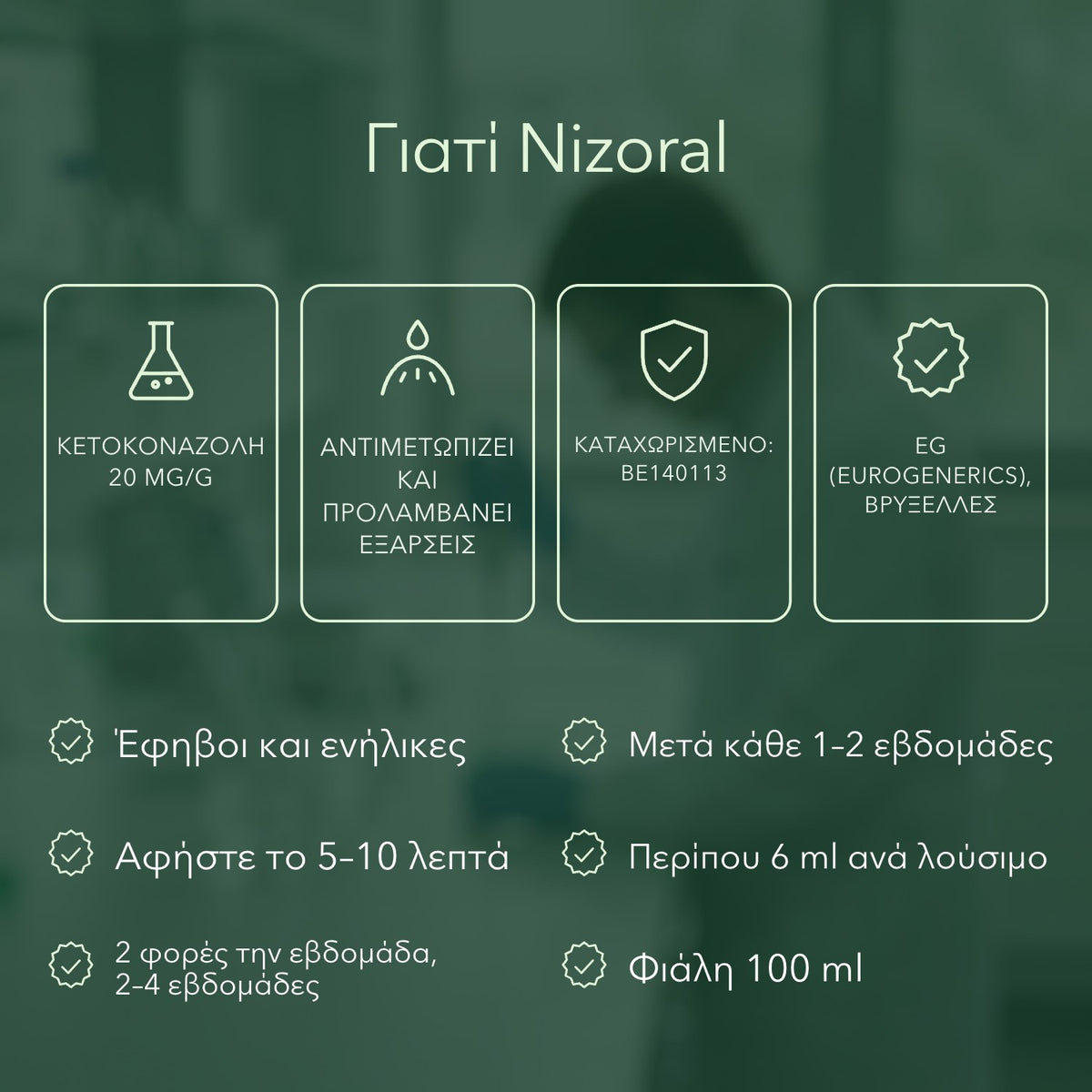 Γιατί Nizoral: Κετοκοναζόλη 20 mg/g, Αντιμετωπίζει και προλαμβάνει εξάρσεις, Καταχωρισμένο: BE140113, EG (Eurogenerics), Βρυξέλλες