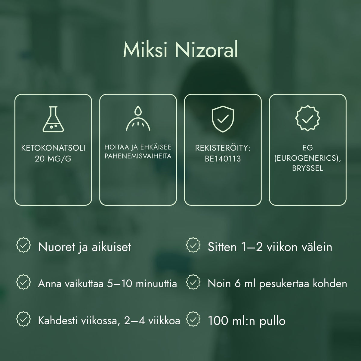 Miksi Nizoral: Ketokonatsoli 20 mg/g, Hoitaa ja ehkäisee pahenemisvaiheita, Rekisteröity: BE140113, EG (Eurogenerics), Bryssel