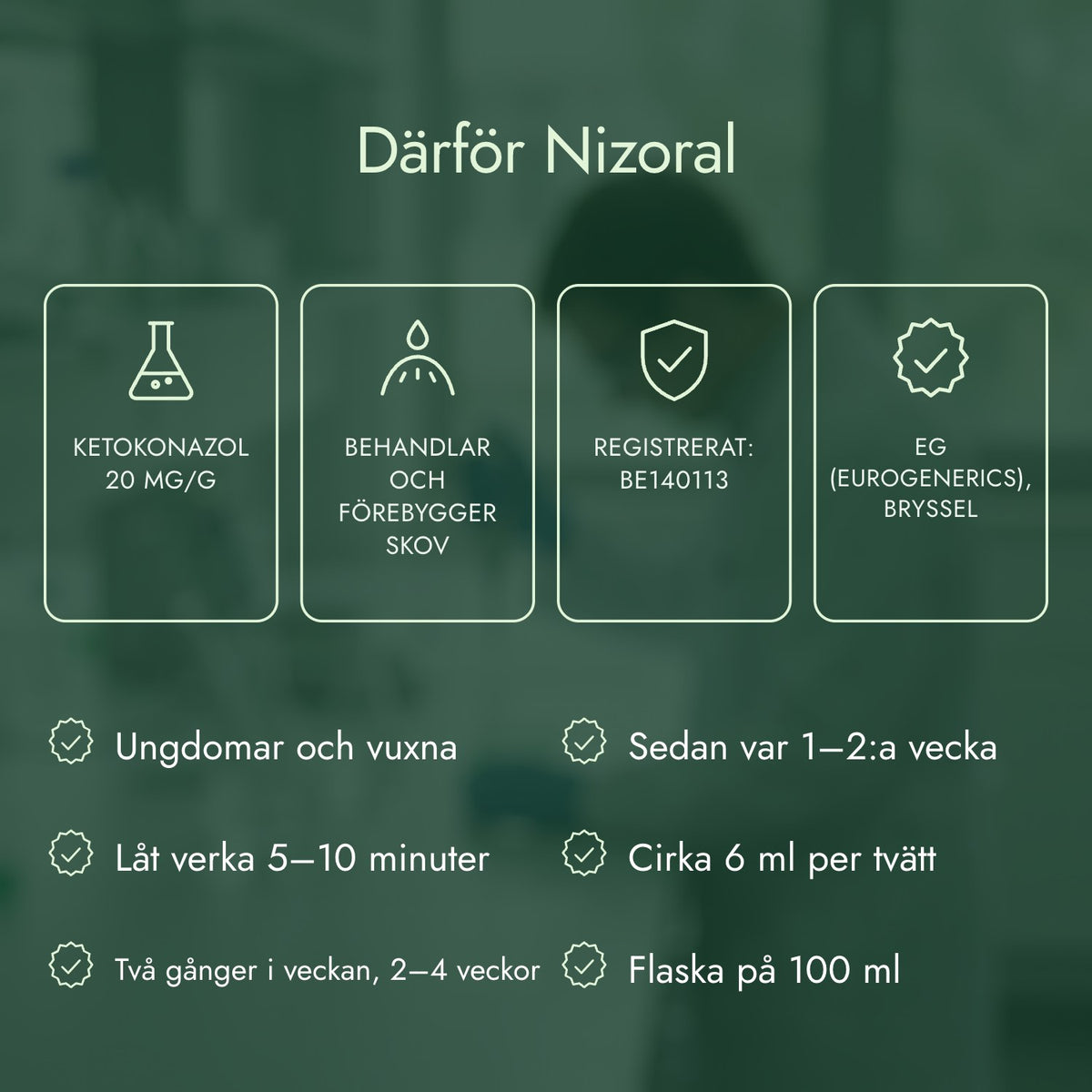Därför Nizoral: Ketokonazol 20 mg/g, Behandlar och förebygger skov, Registrerat: BE140113, EG (Eurogenerics), Bryssel