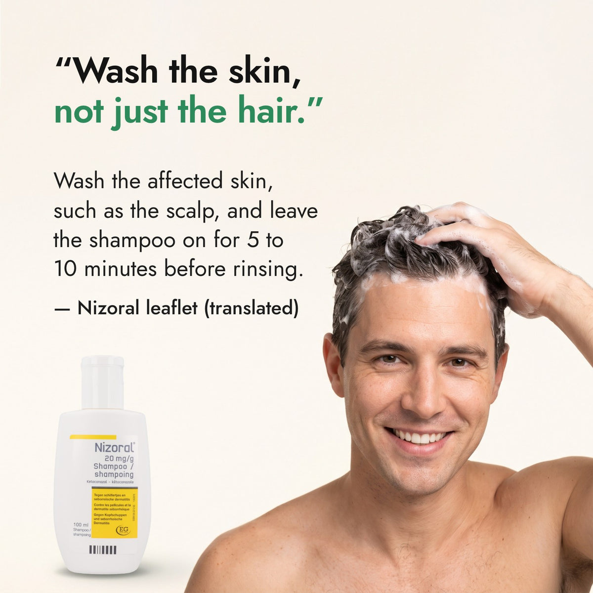 Wash the skin, not just the hair. — Nizoral leaflet (translated)
