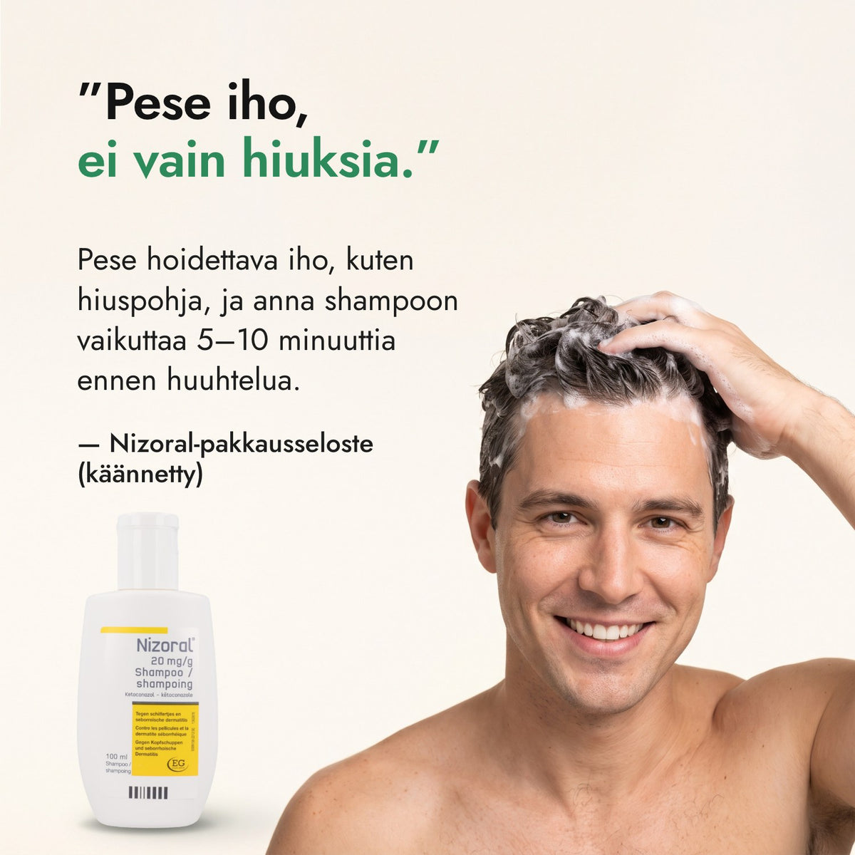Pese iho, ei vain hiuksia. — Nizoral-pakkausseloste (käännetty)