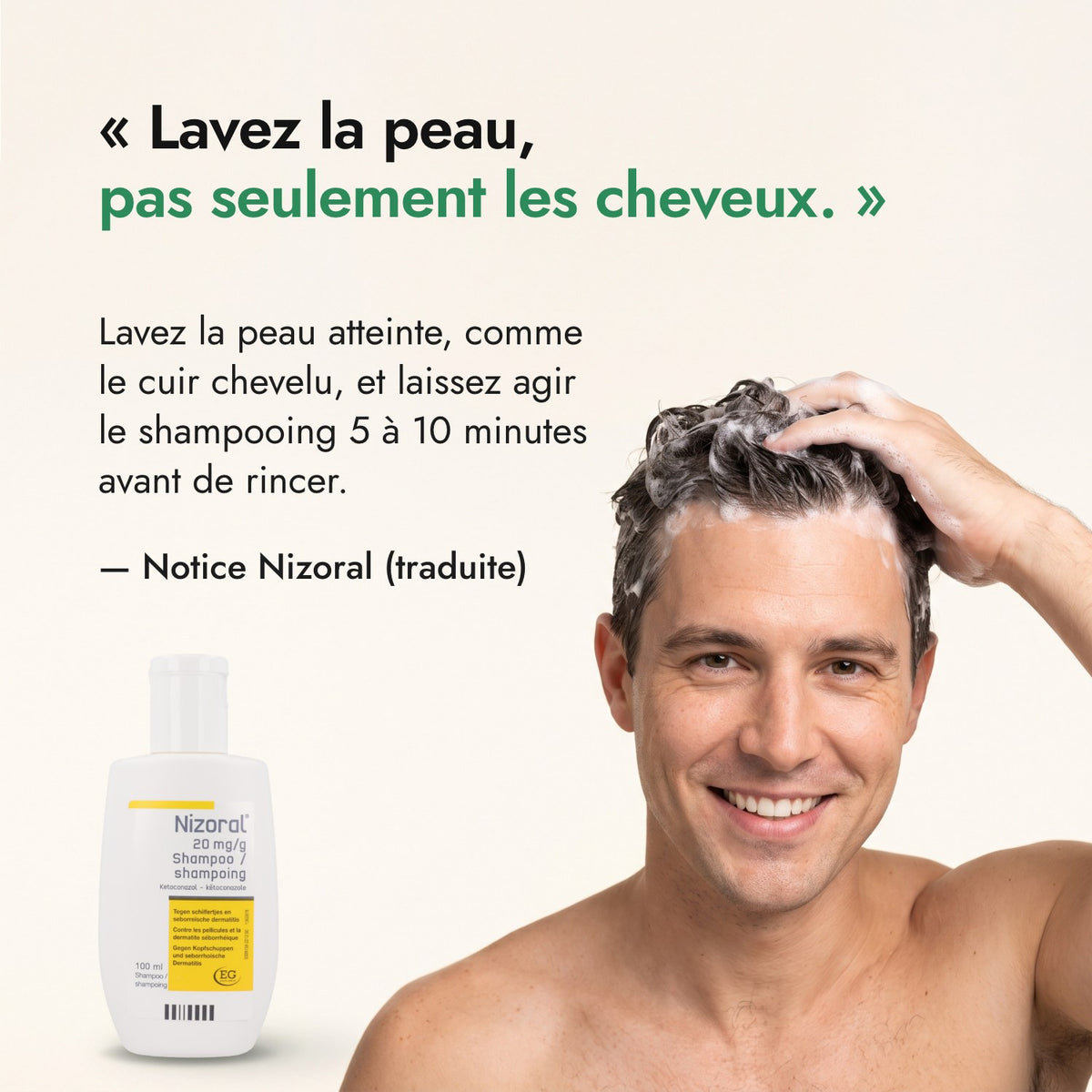 Lavez la peau, pas seulement les cheveux. — Notice Nizoral (traduite)