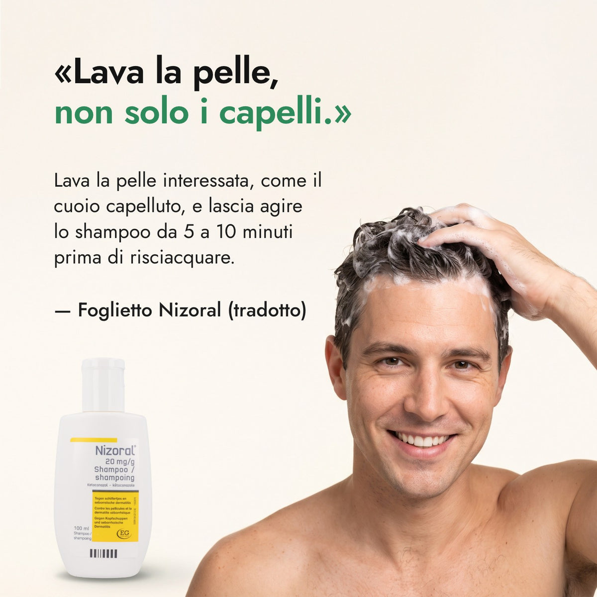 Lava la pelle, non solo i capelli. — Foglietto Nizoral (tradotto)