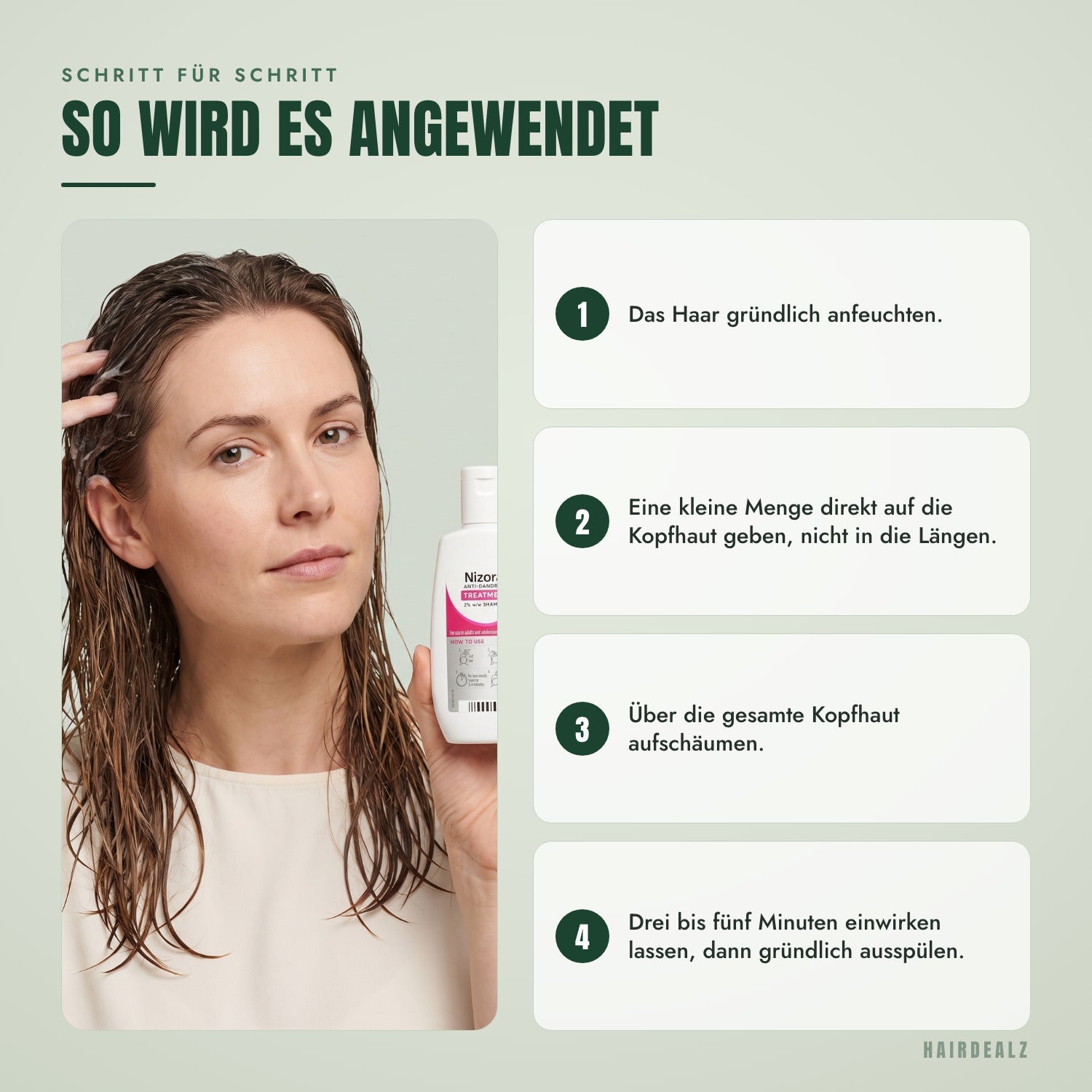So wird Nizoral 2% 60 ml angewendet, Schritt für Schritt
