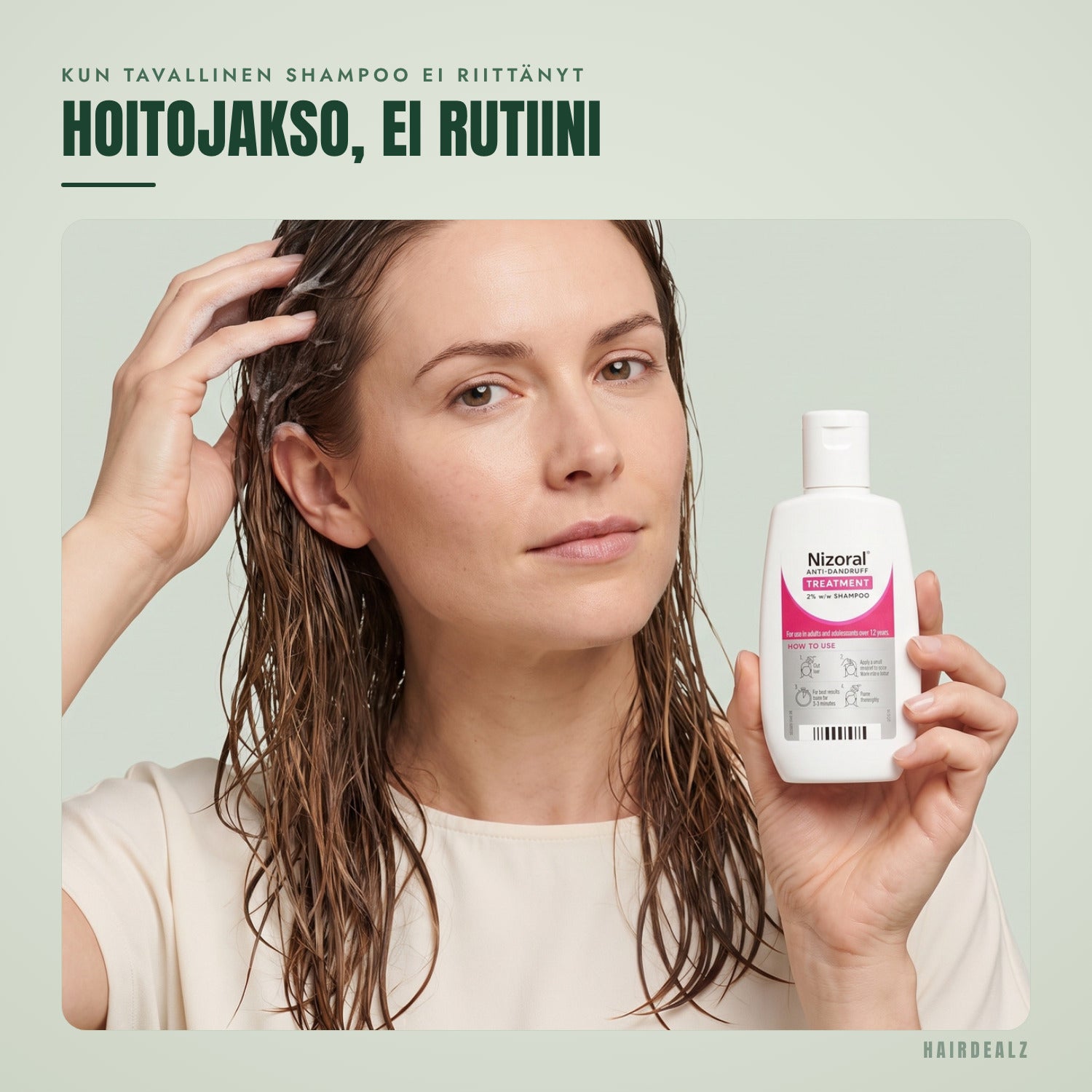 Nizoral 2% 60 ml käytössä vihreää taustaa vasten