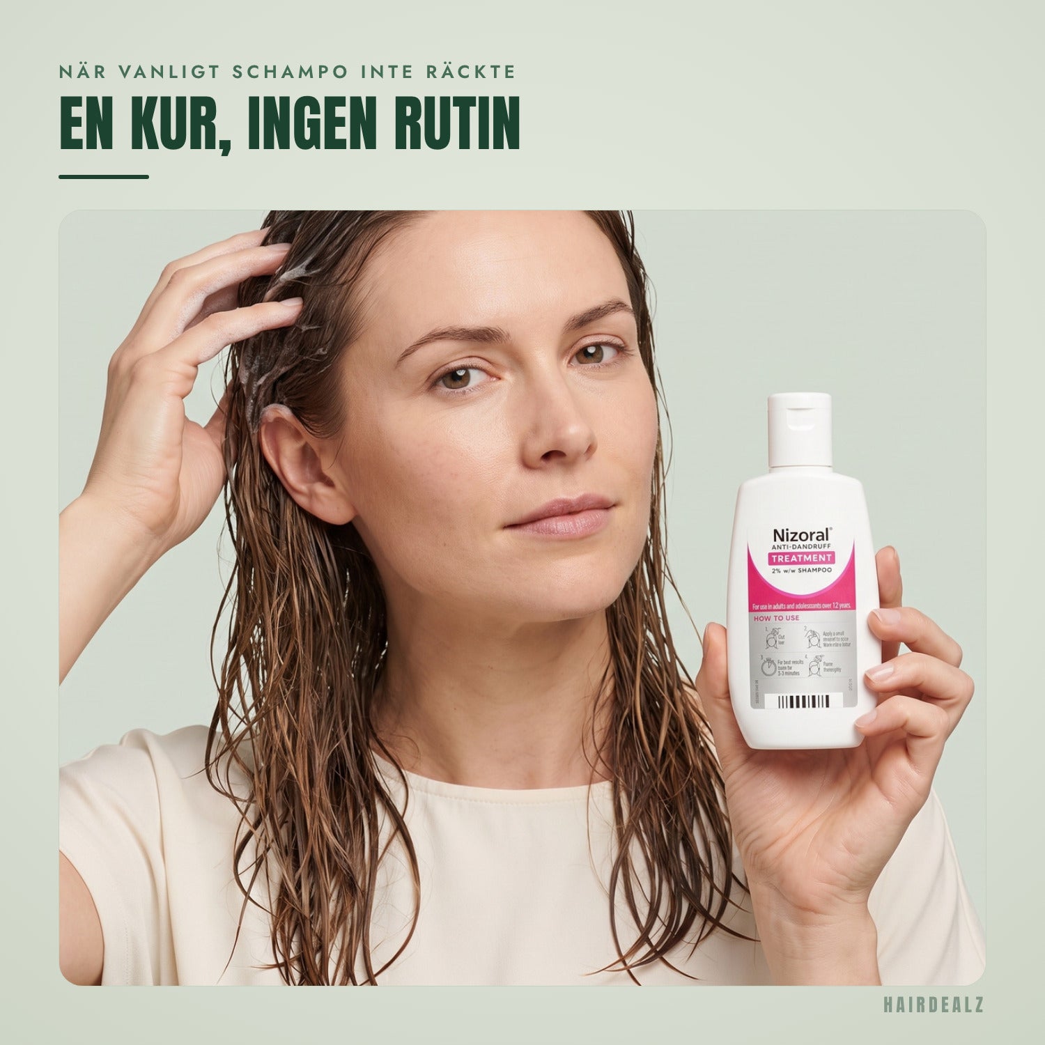 Nizoral 2% 60 ml i användning mot en grön bakgrund