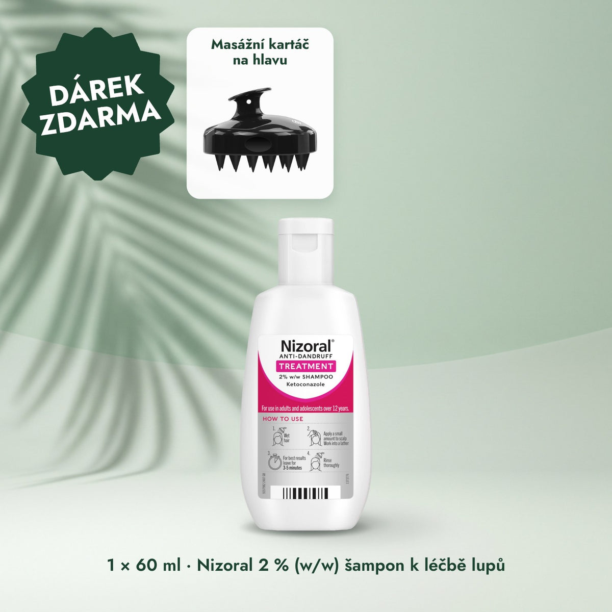 1 × 60 ml · Nizoral 2 % (w/w) šampon k léčbě lupů: Masážní kartáč na hlavu