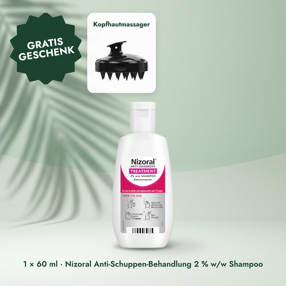 1 × 60 ml · Nizoral Anti-Schuppen-Behandlung 2 % w/w Shampoo: Kopfhautmassager