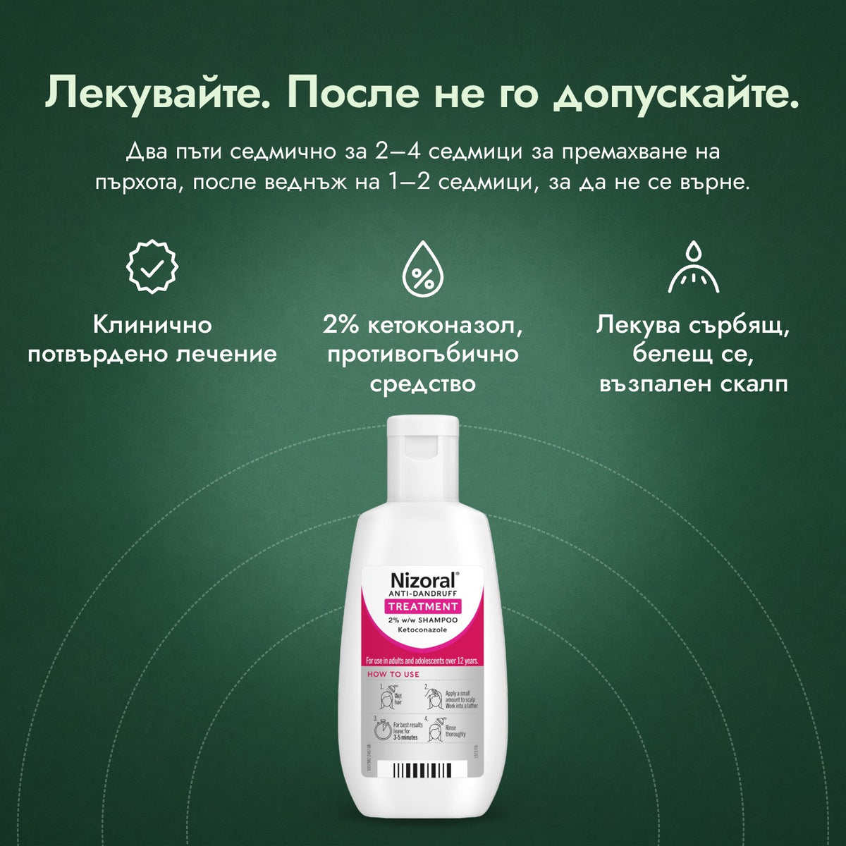Лечебен шампоан Nizoral против пърхот 2% (м/м): Лекувайте. После не го допускайте. Клинично потвърдено лечение, 2% кетоконазол, противогъбично средство, Лекува сърбящ, белещ се, възпален скалп
