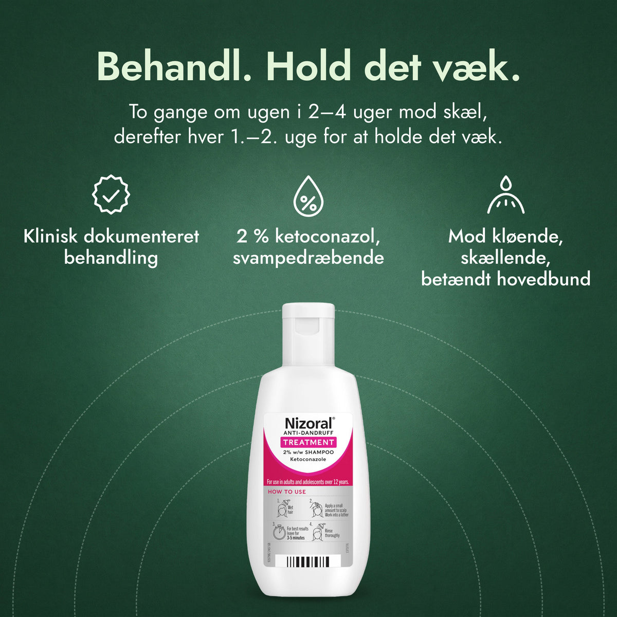 Nizoral skælshampoo 2 % w/w: Behandl. Hold det væk. Klinisk dokumenteret behandling, 2 % ketoconazol, svampedræbende, Mod kløende, skællende, betændt hovedbund