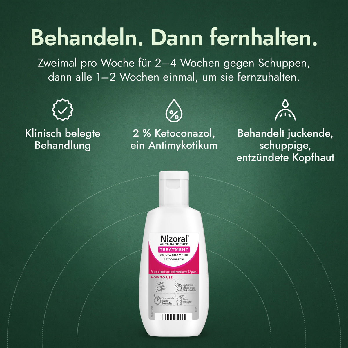 Nizoral Anti-Schuppen-Behandlung 2 % w/w Shampoo: Behandeln. Dann fernhalten. Klinisch belegte Behandlung, 2 % Ketoconazol, ein Antimykotikum, Behandelt juckende, schuppige, entzündete Kopfhaut