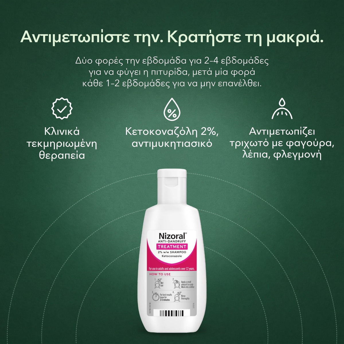 Nizoral θεραπευτικό σαμπουάν κατά της πιτυρίδας 2% β/β: Αντιμετωπίστε την. Κρατήστε τη μακριά. Κλινικά τεκμηριωμένη θεραπεία, Κετοκοναζόλη 2%, αντιμυκητιασικό, Αντιμετωπίζει τριχωτό με φαγούρα, λέπια, φλεγμονή