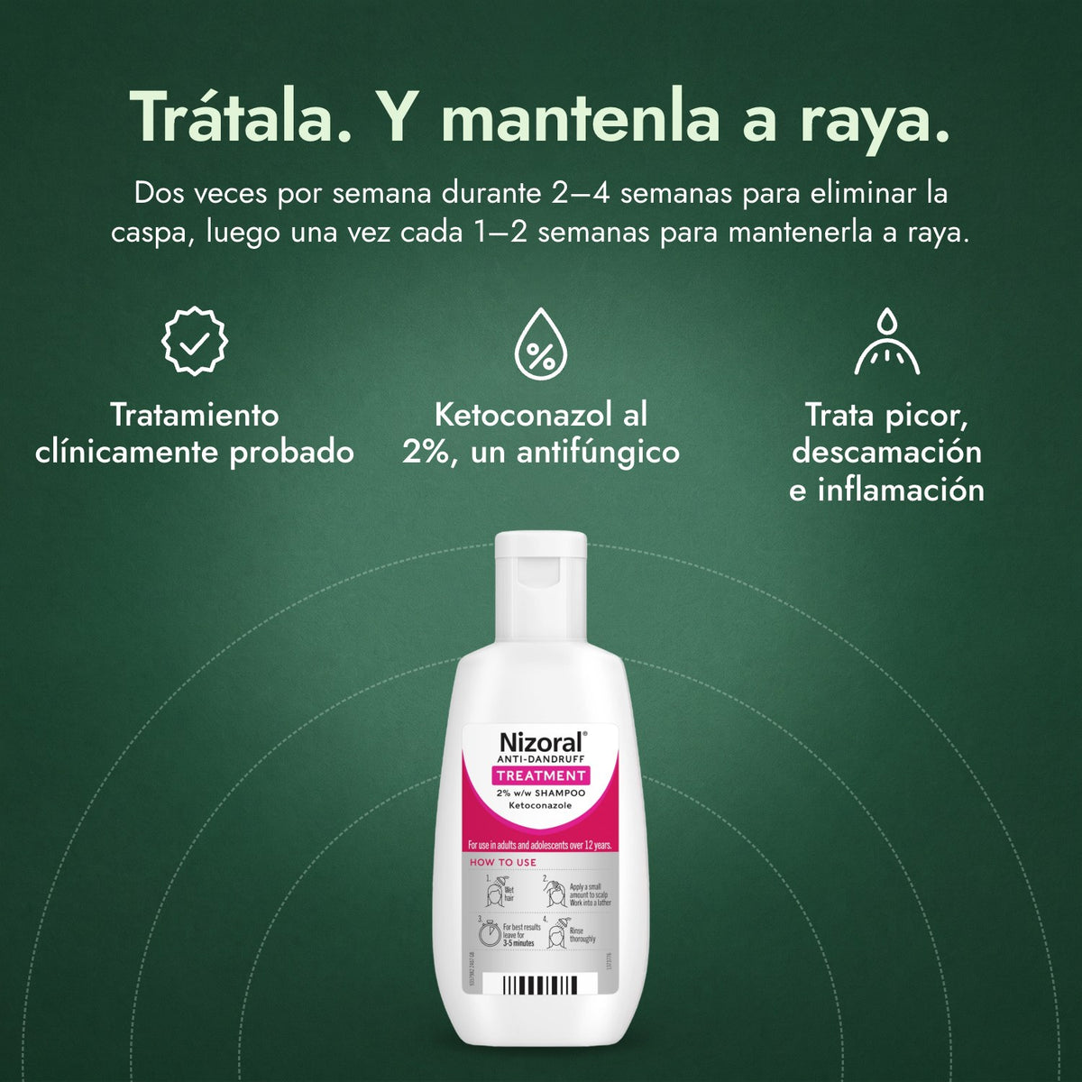 Nizoral Champú Tratamiento Anticaspa 2% p/p: Trátala. Y mantenla a raya. Tratamiento clínicamente probado, Ketoconazol al 2%, un antifúngico, Trata picor, descamación e inflamación