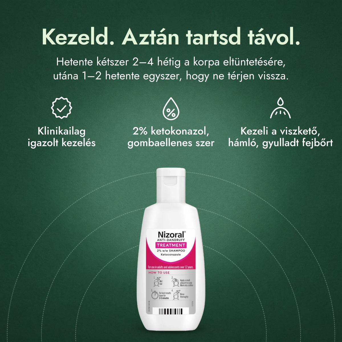 Nizoral 2% (m/m) korpásodás elleni kezelő sampon: Kezeld. Aztán tartsd távol. Klinikailag igazolt kezelés, 2% ketokonazol, gombaellenes szer, Kezeli a viszkető, hámló, gyulladt fejbőrt