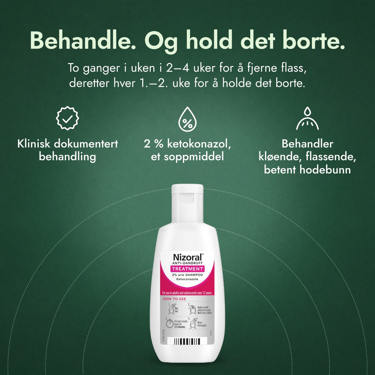 Nizoral sjampo mot flass 2 % w/w: Behandle. Og hold det borte. Klinisk dokumentert behandling, 2 % ketokonazol, et soppmiddel, Behandler kløende, flassende, betent hodebunn