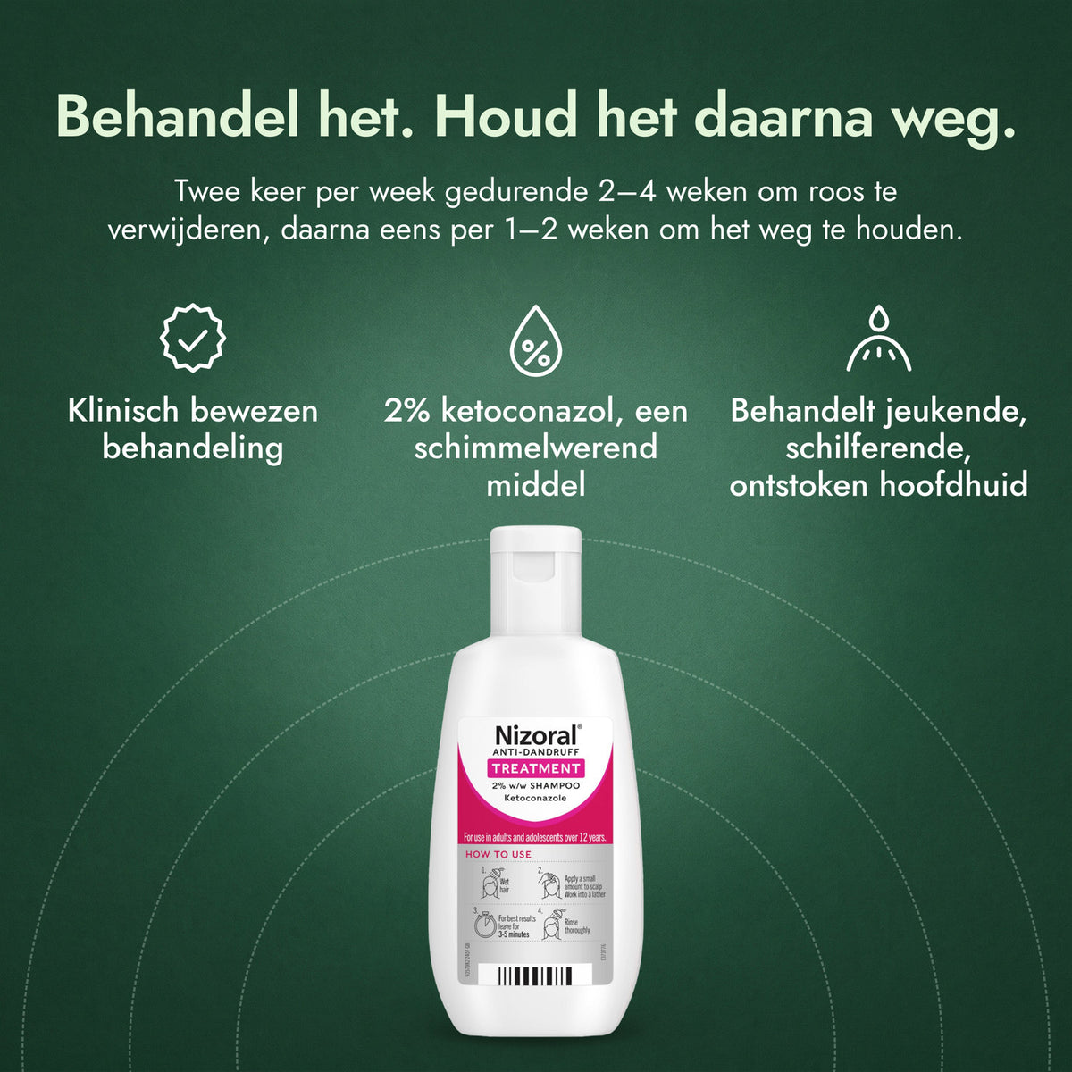 Nizoral anti-roosbehandeling 2% w/w shampoo: Behandel het. Houd het daarna weg. Klinisch bewezen behandeling, 2% ketoconazol, een schimmelwerend middel, Behandelt jeukende, schilferende, ontstoken hoofdhuid