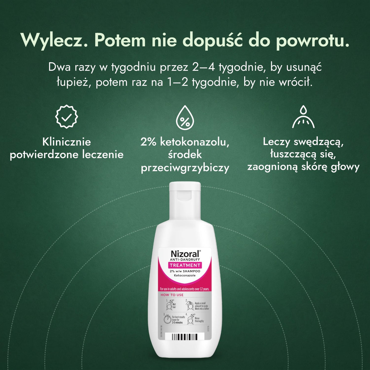 Nizoral szampon przeciwłupieżowy 2% m/m: Wylecz. Potem nie dopuść do powrotu. Klinicznie potwierdzone leczenie, 2% ketokonazolu, środek przeciwgrzybiczy, Leczy swędzącą, łuszczącą się, zaognioną skórę głowy