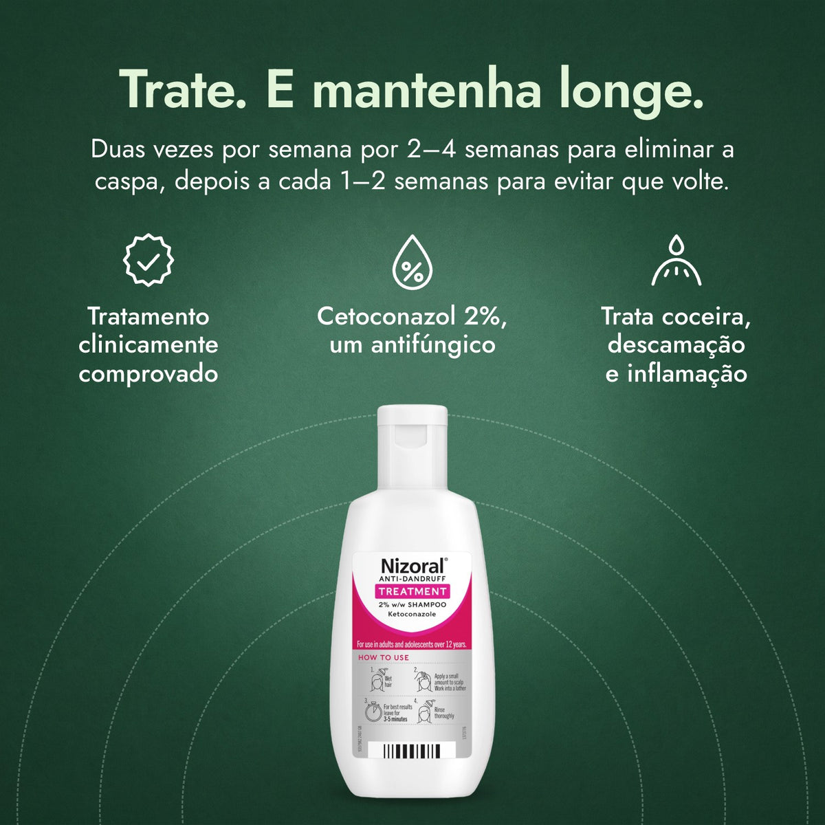 Nizoral Shampoo Anticaspa Tratamento 2% p/p: Trate. E mantenha longe. Tratamento clinicamente comprovado, Cetoconazol 2%, um antifúngico, Trata coceira, descamação e inflamação