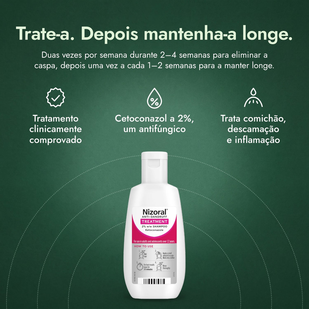 Nizoral Champô de Tratamento Anticaspa 2% p/p: Trate-a. Depois mantenha-a longe. Tratamento clinicamente comprovado, Cetoconazol a 2%, um antifúngico, Trata comichão, descamação e inflamação