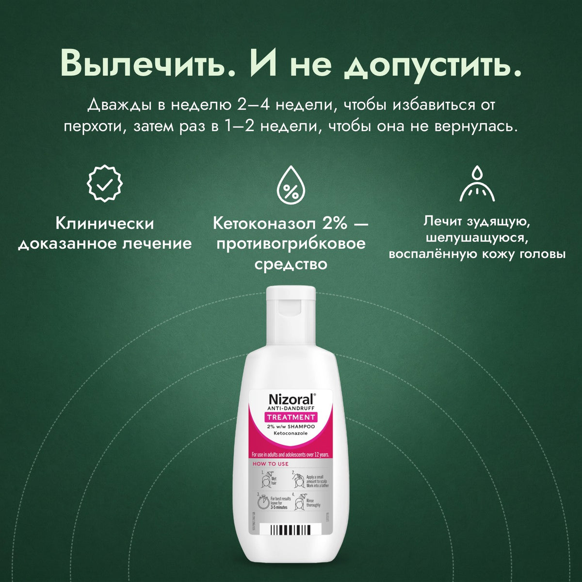 Лечебный шампунь Nizoral от перхоти 2% (м/м): Вылечить. И не допустить. Клинически доказанное лечение, Кетоконазол 2% — противогрибковое средство, Лечит зудящую, шелушащуюся, воспалённую кожу головы