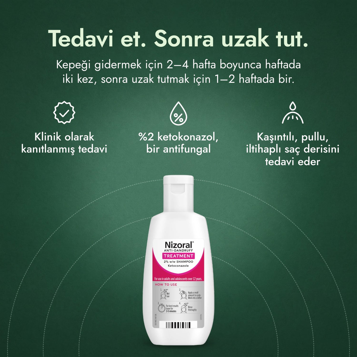 Nizoral kepek tedavi şampuanı %2 a/a: Tedavi et. Sonra uzak tut. Klinik olarak kanıtlanmış tedavi, %2 ketokonazol, bir antifungal, Kaşıntılı, pullu, iltihaplı saç derisini tedavi eder