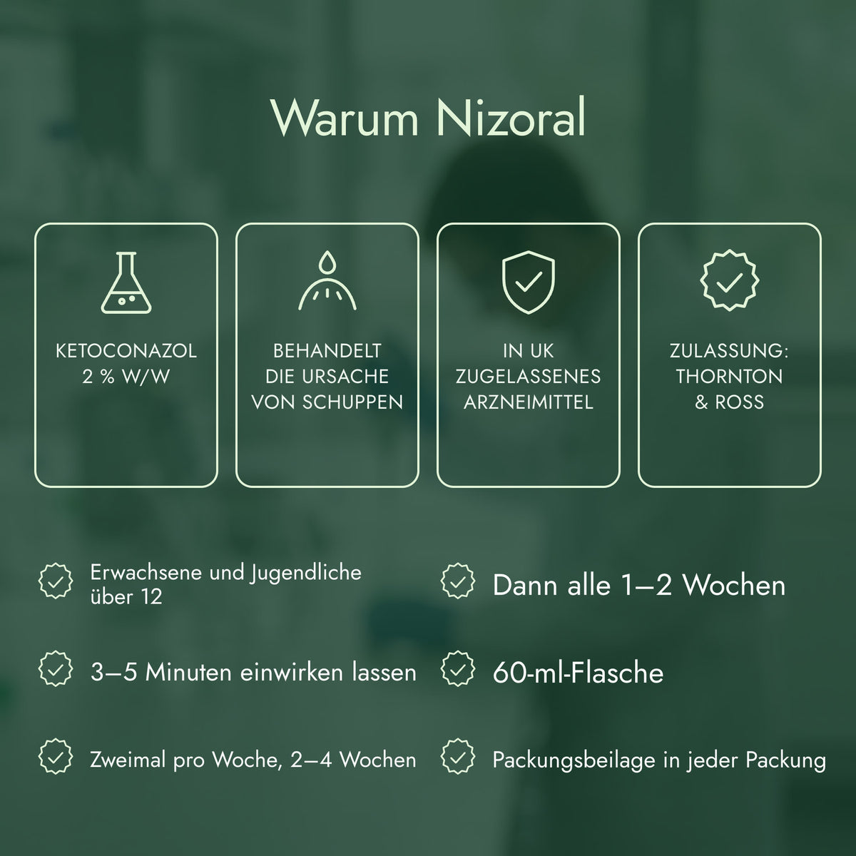 Warum Nizoral: Ketoconazol 2 % w/w, Behandelt die Ursache von Schuppen, In UK zugelassenes Arzneimittel, Zulassung: Thornton & Ross