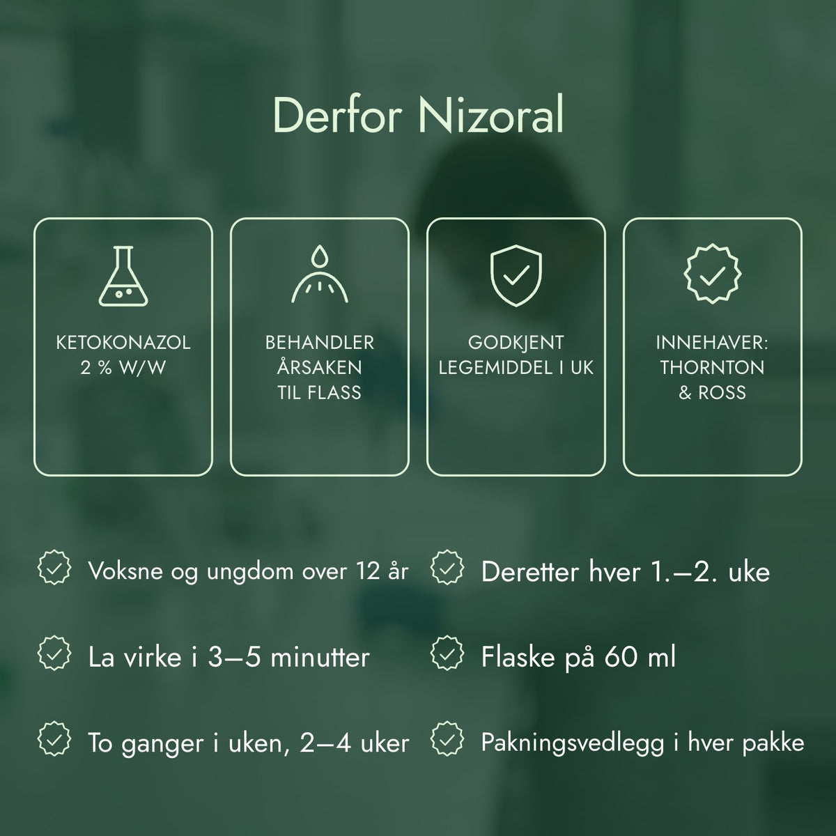 Derfor Nizoral: Ketokonazol 2 % w/w, Behandler årsaken til flass, Godkjent legemiddel i UK, Innehaver: Thornton & Ross
