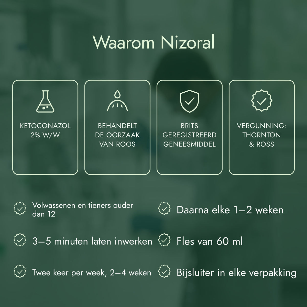 Waarom Nizoral: Ketoconazol 2% w/w, Behandelt de oorzaak van roos, Brits geregistreerd geneesmiddel, Vergunning: Thornton & Ross