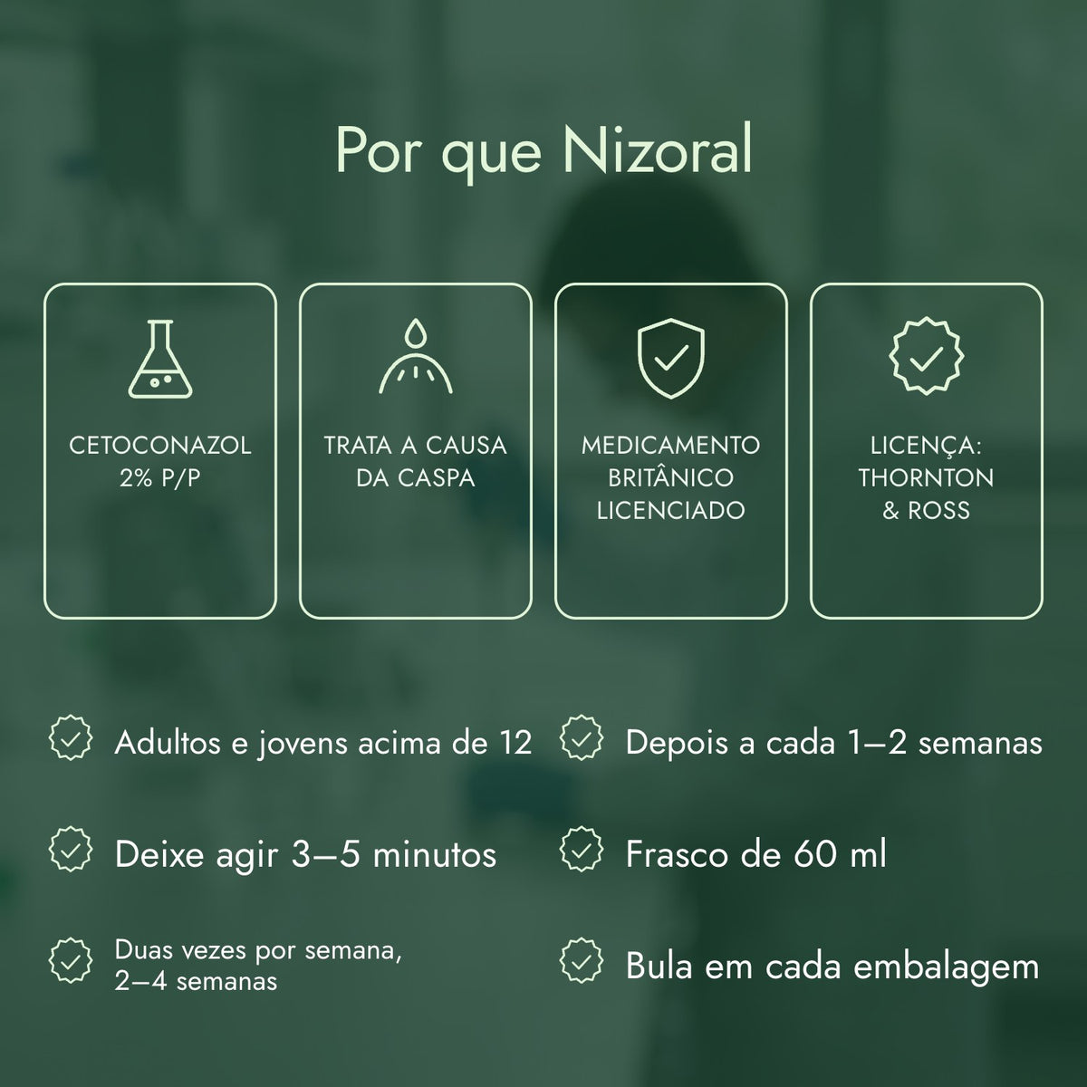 Por que Nizoral: Cetoconazol 2% p/p, Trata a causa da caspa, Medicamento britânico licenciado, Licença: Thornton & Ross