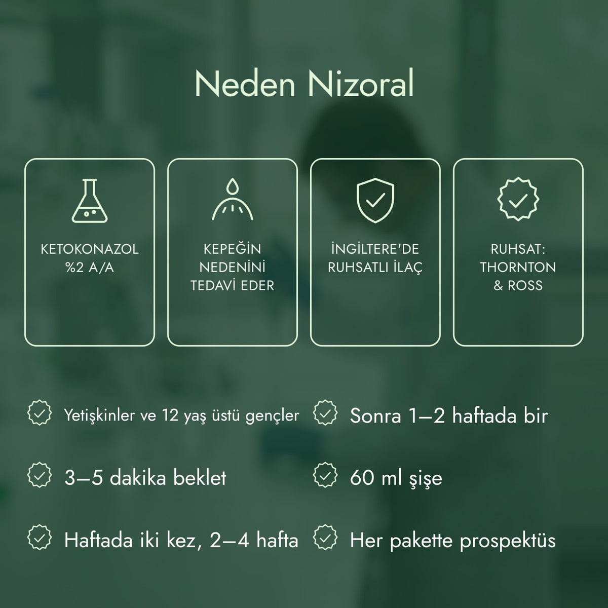 Neden Nizoral: Ketokonazol %2 a/a, Kepeğin nedenini tedavi eder, İngiltere'de ruhsatlı ilaç, Ruhsat: Thornton & Ross