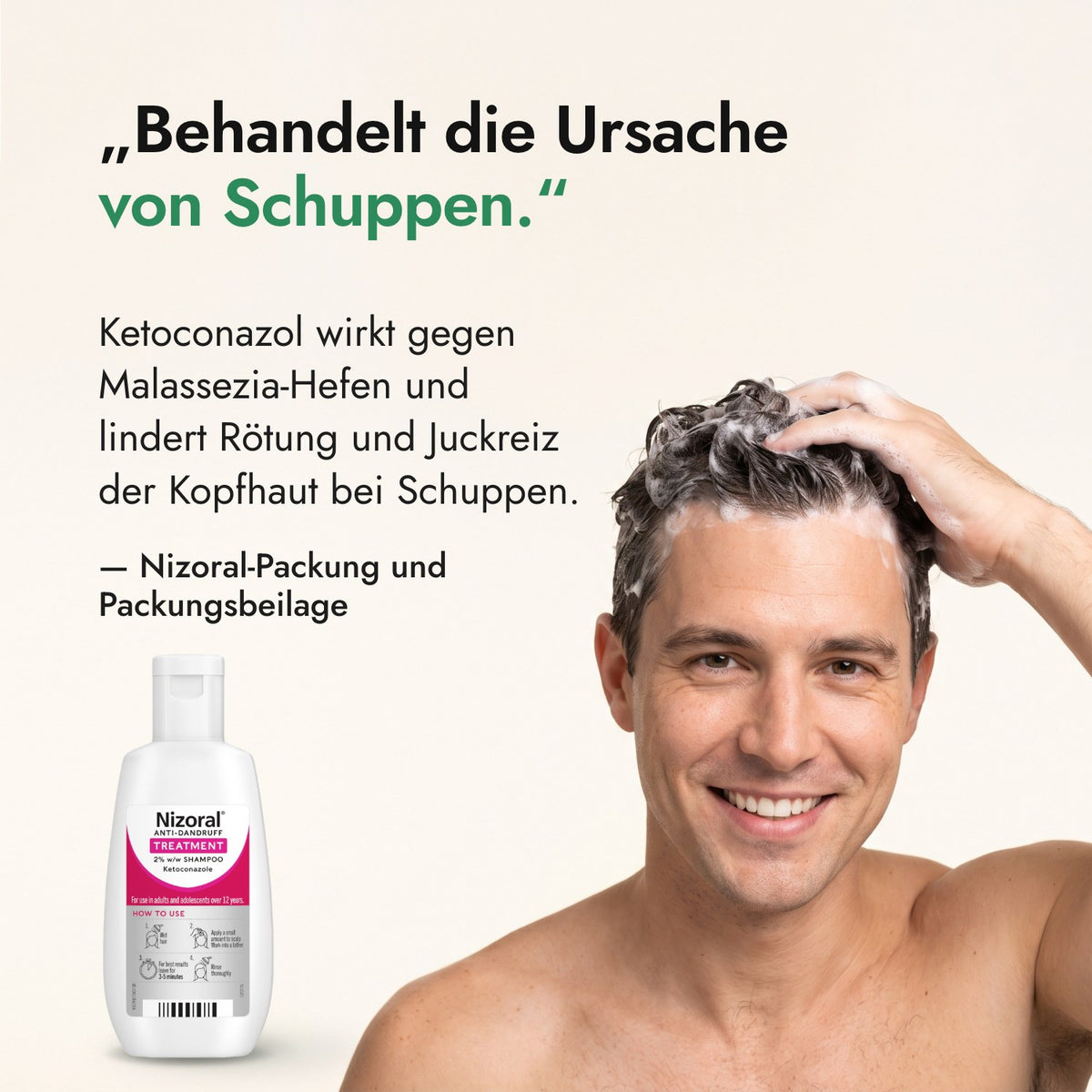 Behandelt die Ursache von Schuppen. — Nizoral-Packung und Packungsbeilage