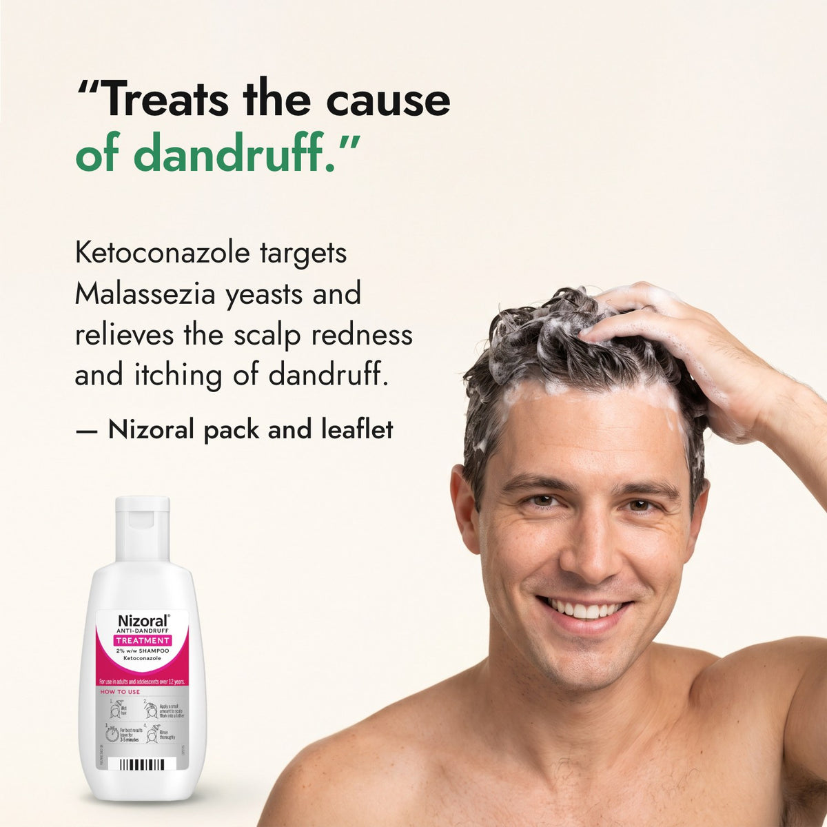 Treats the cause of dandruff. — Nizoral pack and leaflet