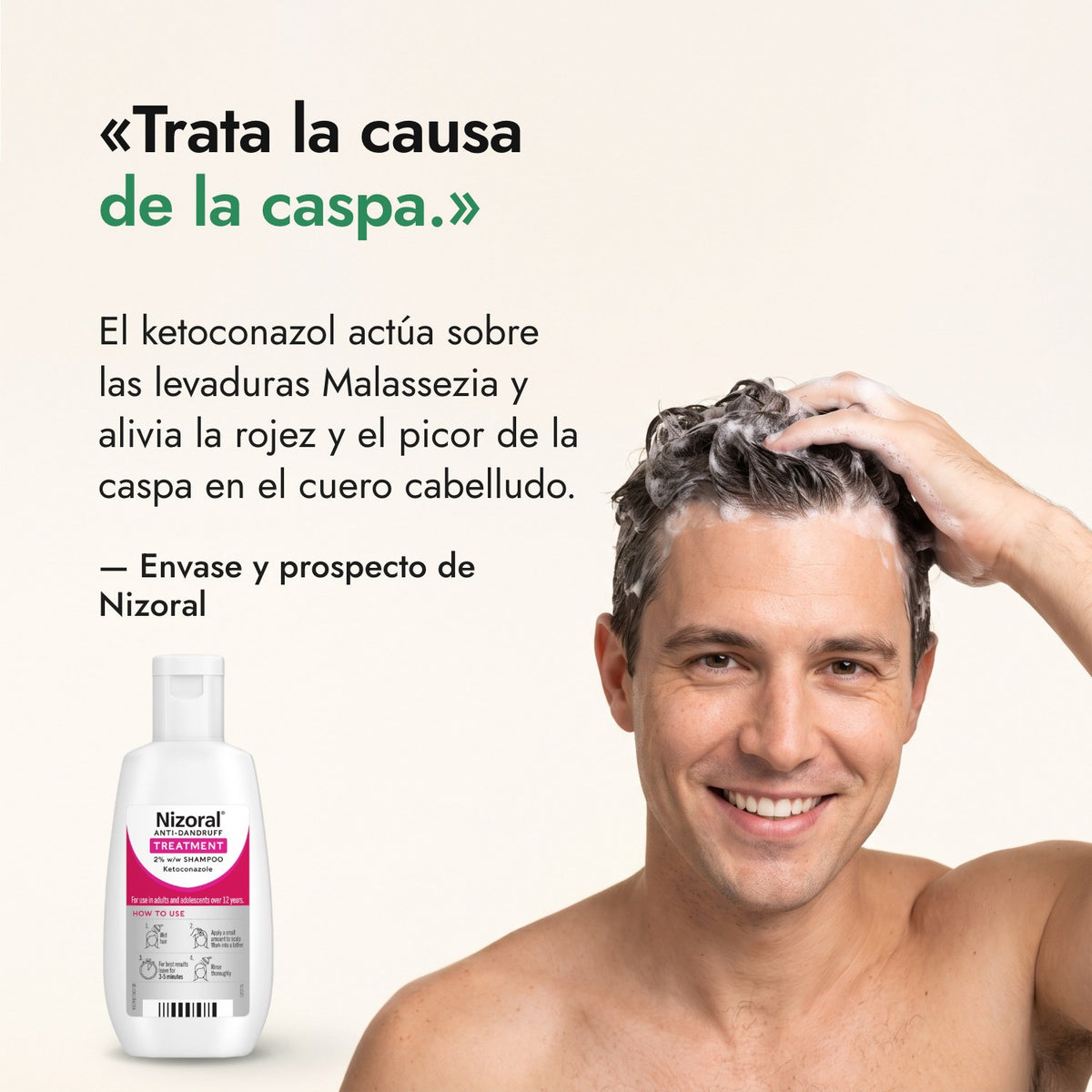 Trata la causa de la caspa. — Envase y prospecto de Nizoral
