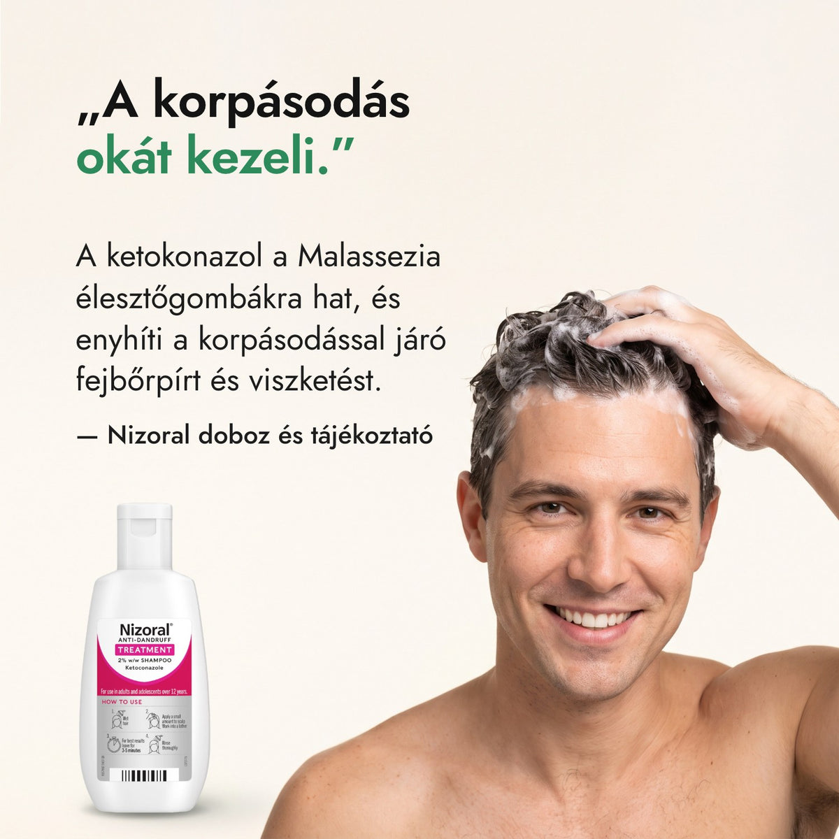 A korpásodás okát kezeli. — Nizoral doboz és tájékoztató