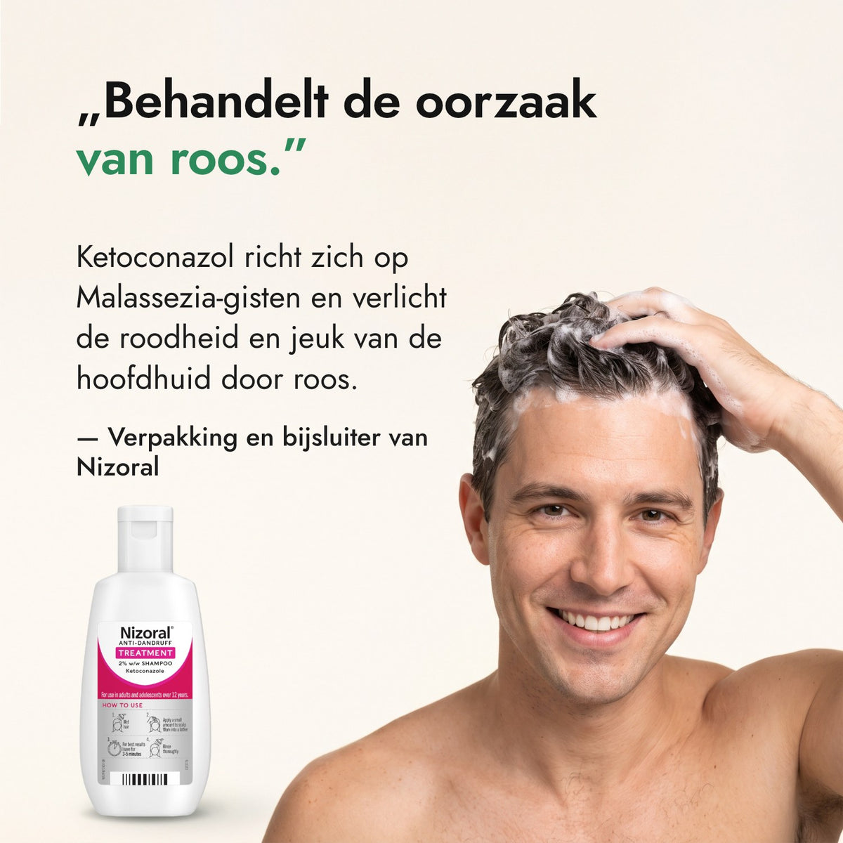 Behandelt de oorzaak van roos. — Verpakking en bijsluiter van Nizoral