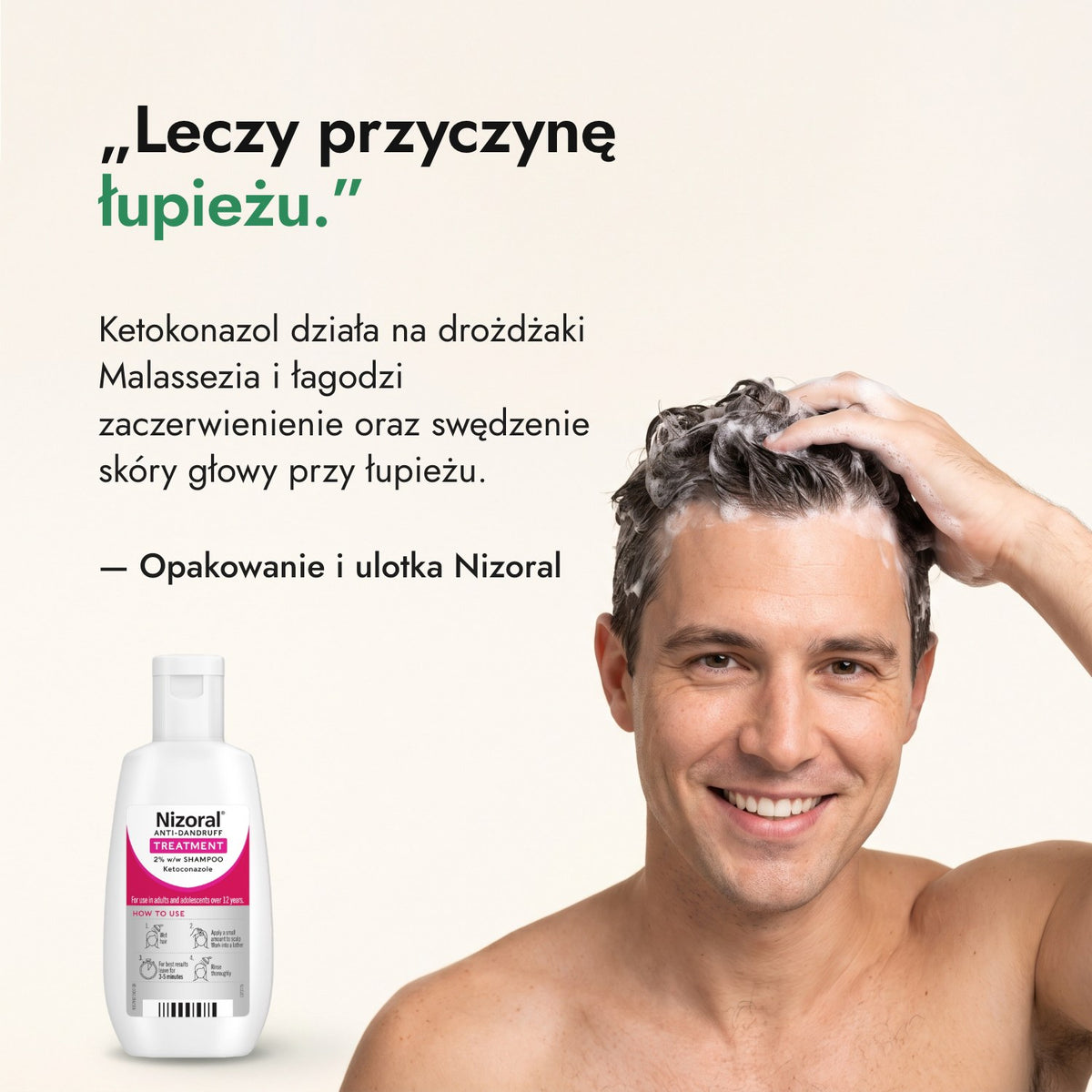 Leczy przyczynę łupieżu. — Opakowanie i ulotka Nizoral