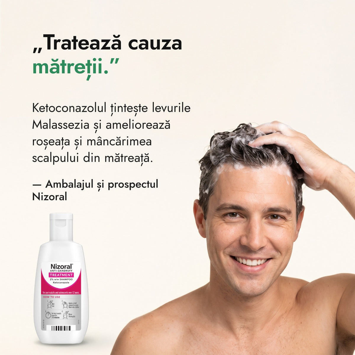 Tratează cauza mătreții. — Ambalajul și prospectul Nizoral