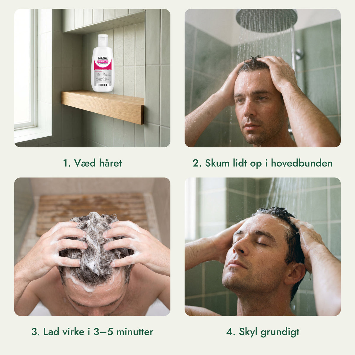 Nizoral skælshampoo 2 % w/w: Væd håret, Skum lidt op i hovedbunden, Lad virke i 3–5 minutter, Skyl grundigt