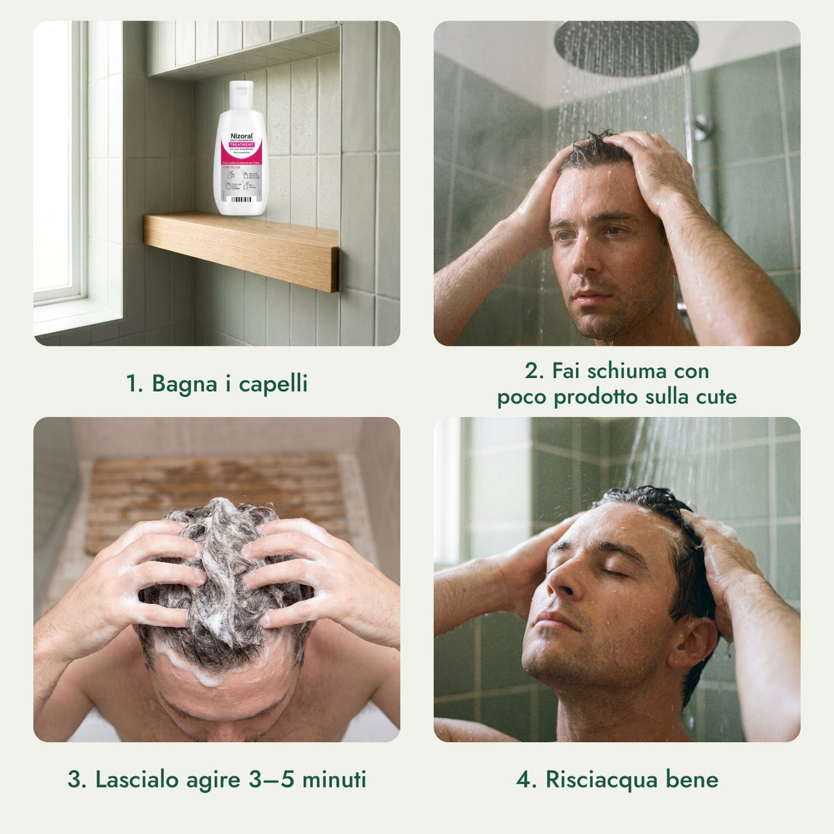 Nizoral Shampoo Trattamento Antiforfora 2% p/p: Bagna i capelli, Fai schiuma con poco prodotto sulla cute, Lascialo agire 3–5 minuti, Risciacqua bene