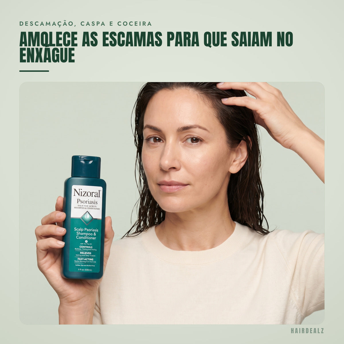 Nizoral Psoriasis em uso sobre fundo verde