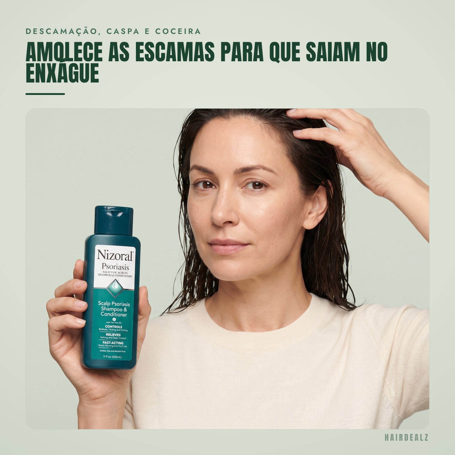 Nizoral Psoriasis em uso sobre fundo verde