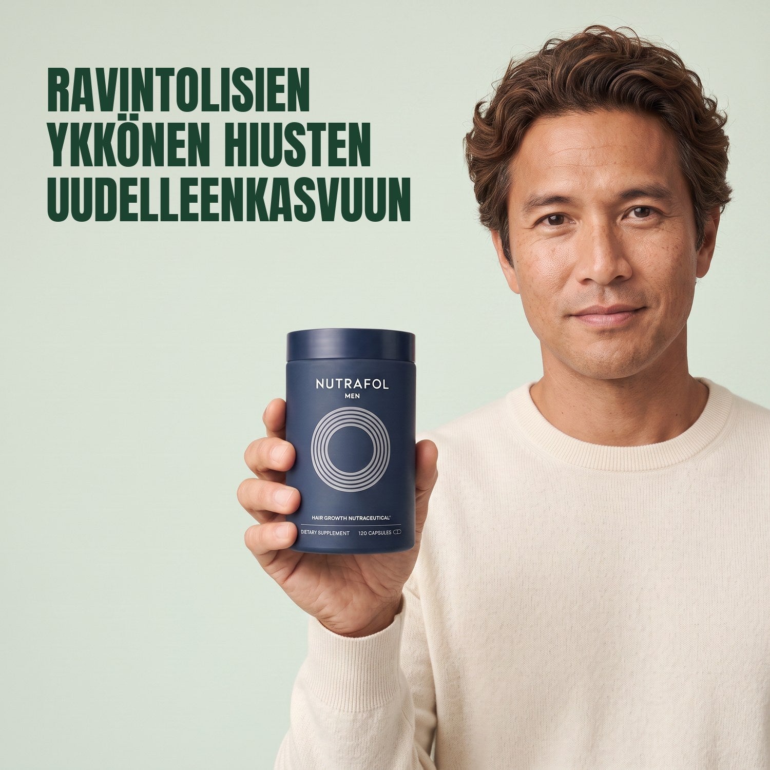 Man holding the Nutrafol for Men supplement box against a green background