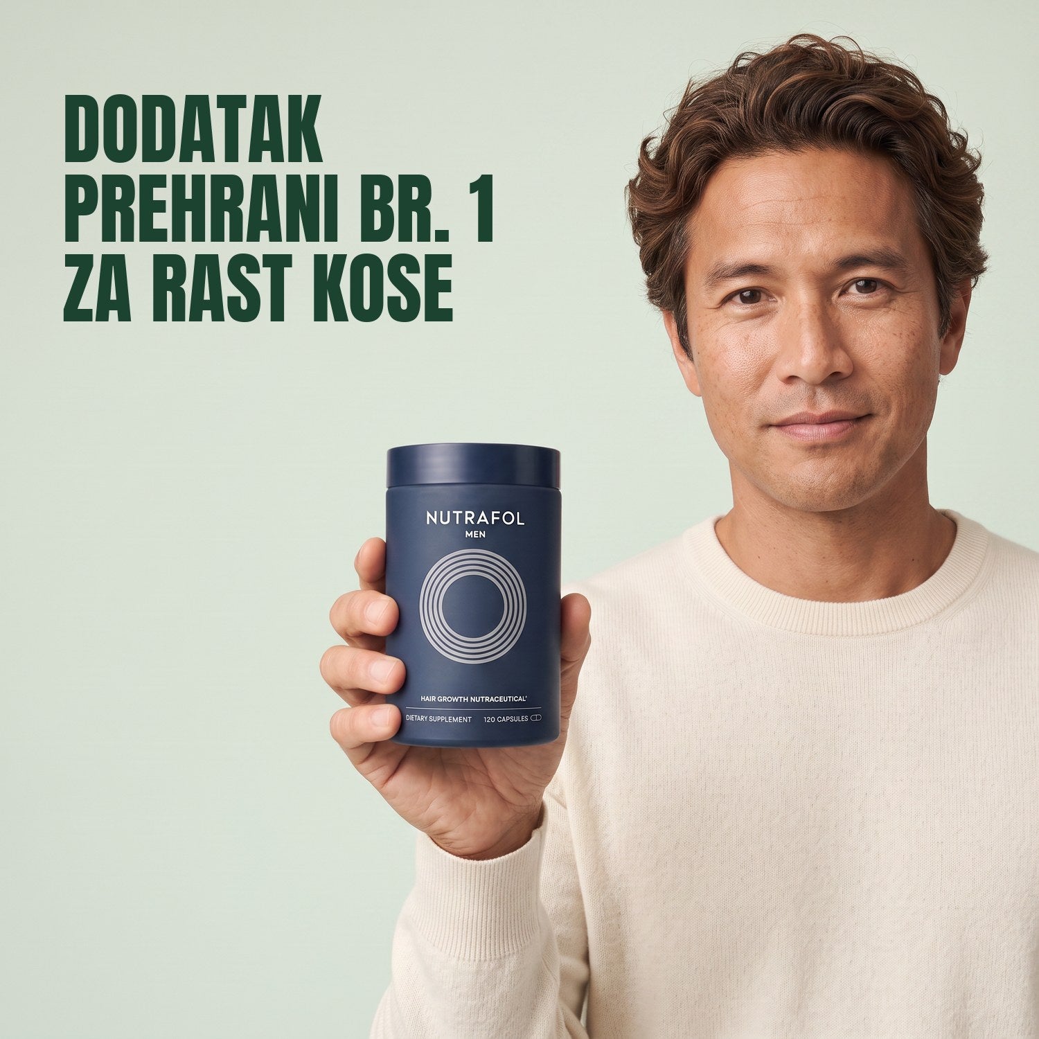 Muškarac drži kutiju dodatka prehrani Nutrafol for Men na zelenoj pozadini
