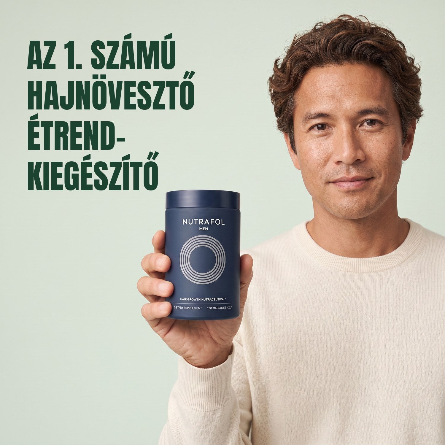 Man holding the Nutrafol for Men supplement box against a green background