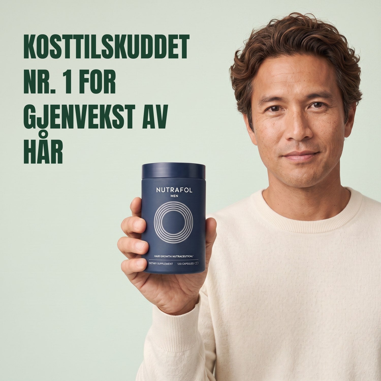 Man holding the Nutrafol for Men supplement box against a green background