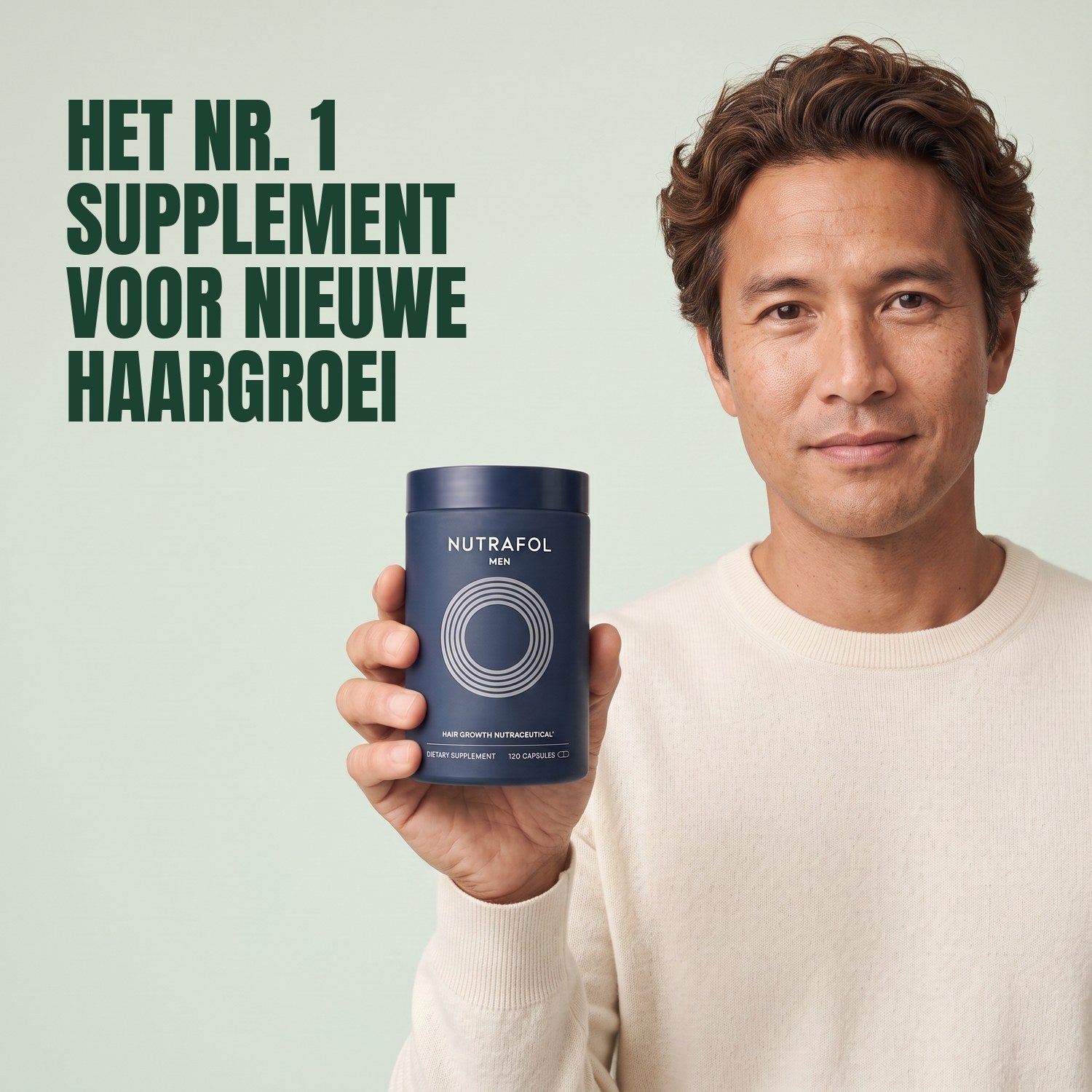 Man holding the Nutrafol for Men supplement box against a green background