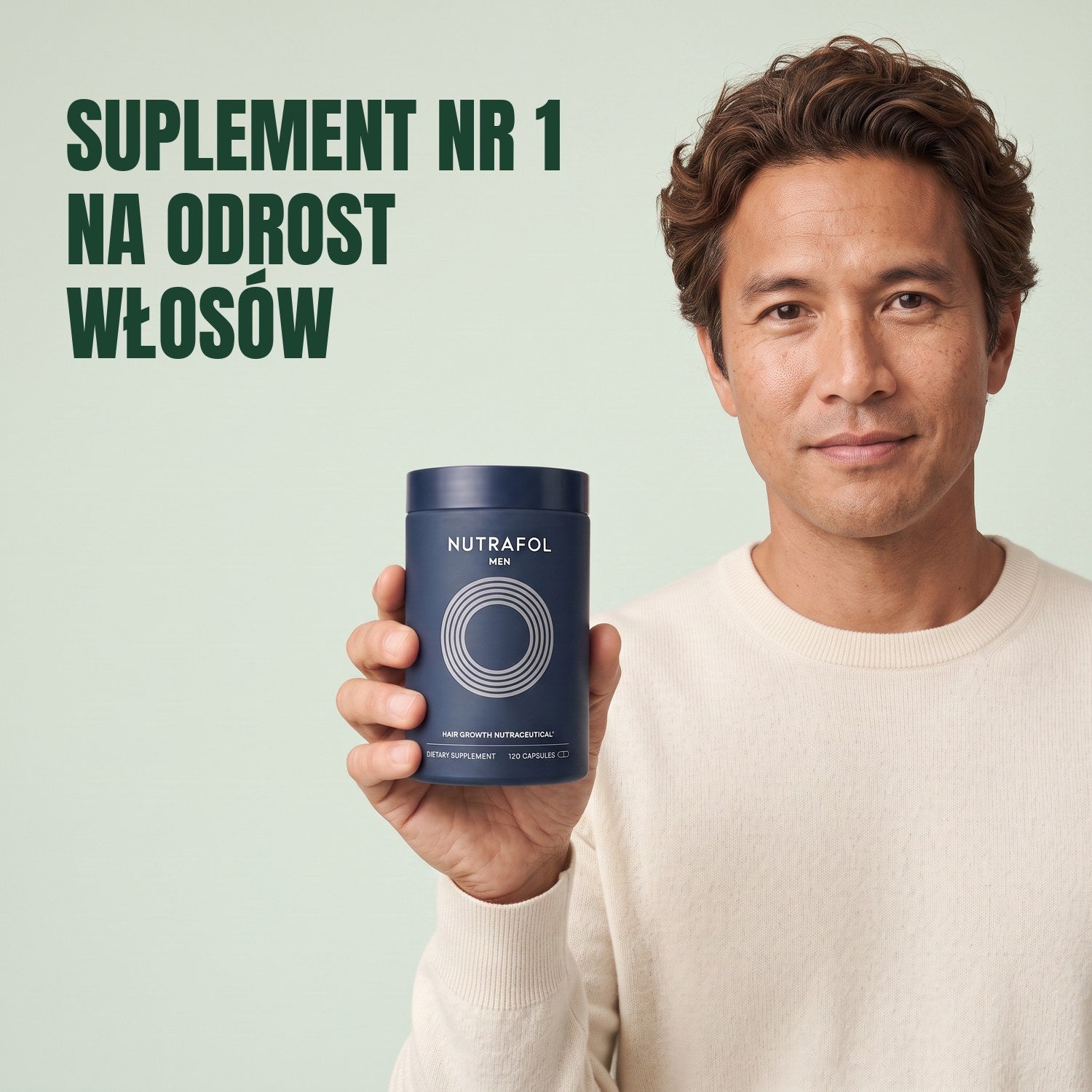 Mężczyzna trzyma pudełko suplementu Nutrafol for Men na zielonym tle